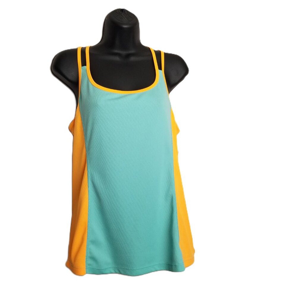 Womens Medium Athletic Tank Top Teal Orange Colorblock Racerback Marika Workout